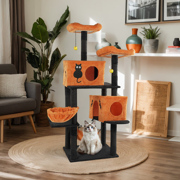 Halloween Cat Tree, Large Cat Tower With 2 Spacious Cat Condos, 2 Padded Perches, 2 Hammocks, Scratching Posts, Hanging Toy, Multi-Level Cat Activities Furniture For Large Cats, Orange & Black