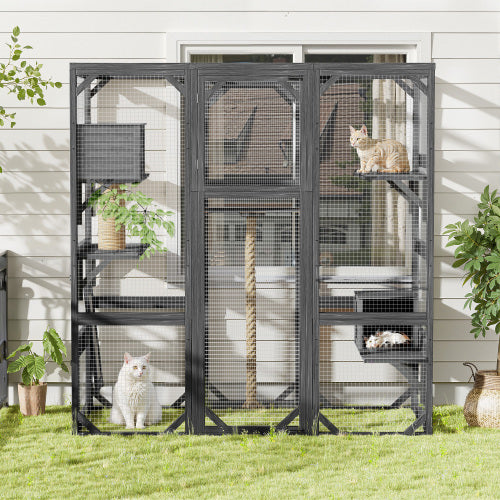 Outdoor Cat House Cat Enclosure, Cat Catio With Double Enter Doors  62.8 L X 32.2 W X68.5 H Balcony Cat Playpen With Platforms And Two Condos For 1-3 Cats  Light Grey