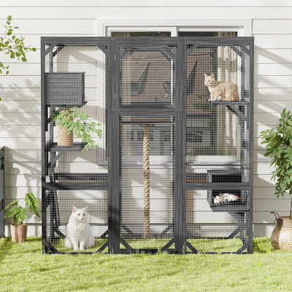 Outdoor Cat House Cat Enclosure, Cat Catio With Double Enter Doors  62.8 L X 32.2 W X68.5 H Balcony Cat Playpen With Platforms And Two Condos For 1-3 Cats  Light Grey
