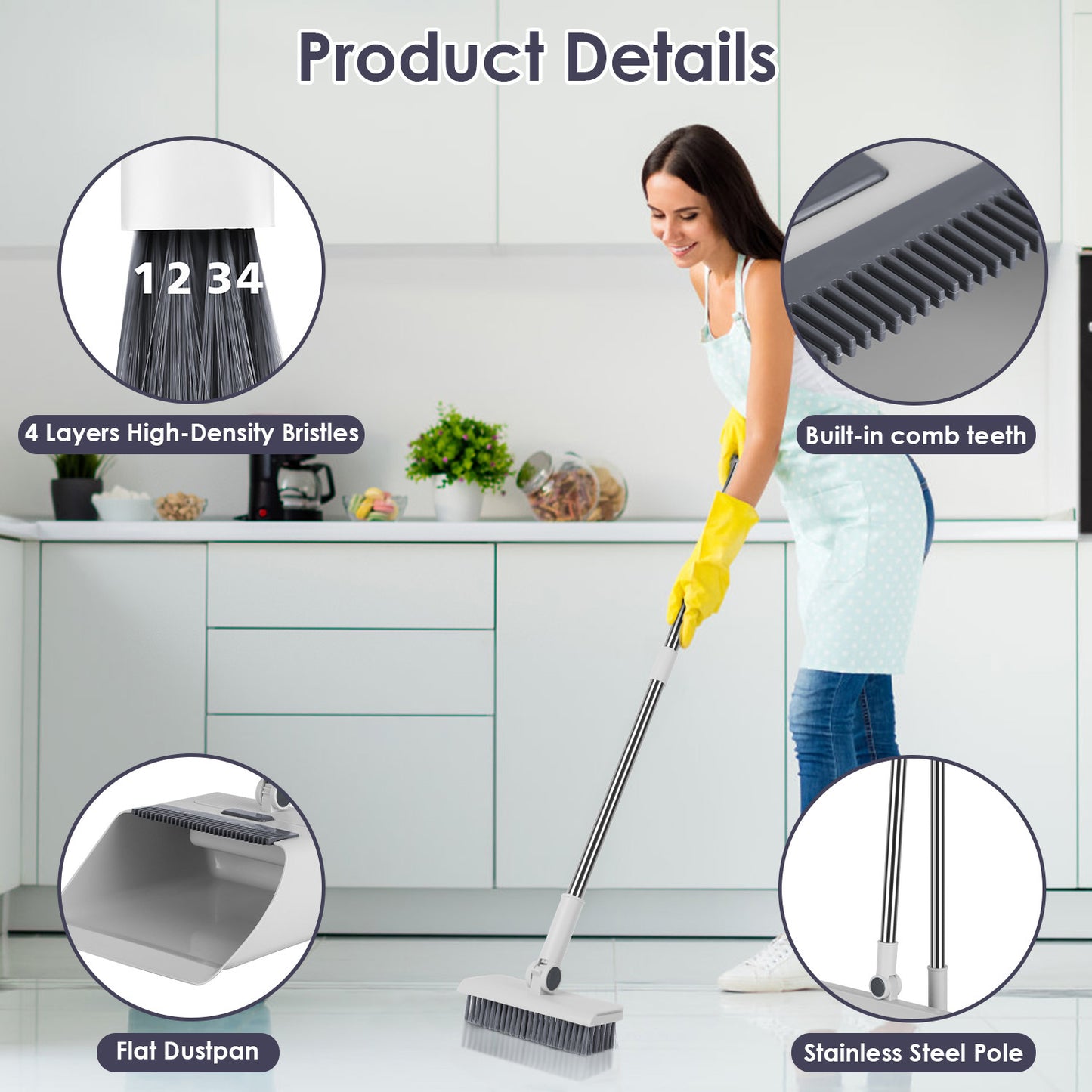 1Set Broom And Dustpan Combo Set With Squeegee Stainless Steel Handle 4 In 1 Upright Standing Broom And Dust Pan For Indoor Outdoor Garage Kitchen Room Office Sweeping