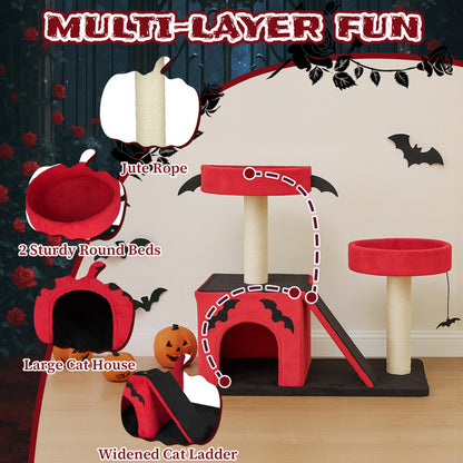 Halloween Cat Climbing Frame Gothic Cat Tree, Cat Tower With Spacious Cat Condo, 2 Padded Perches, Spider Toy, Scratching Posts, Scratching Ladder For Large Cats, Red & Black