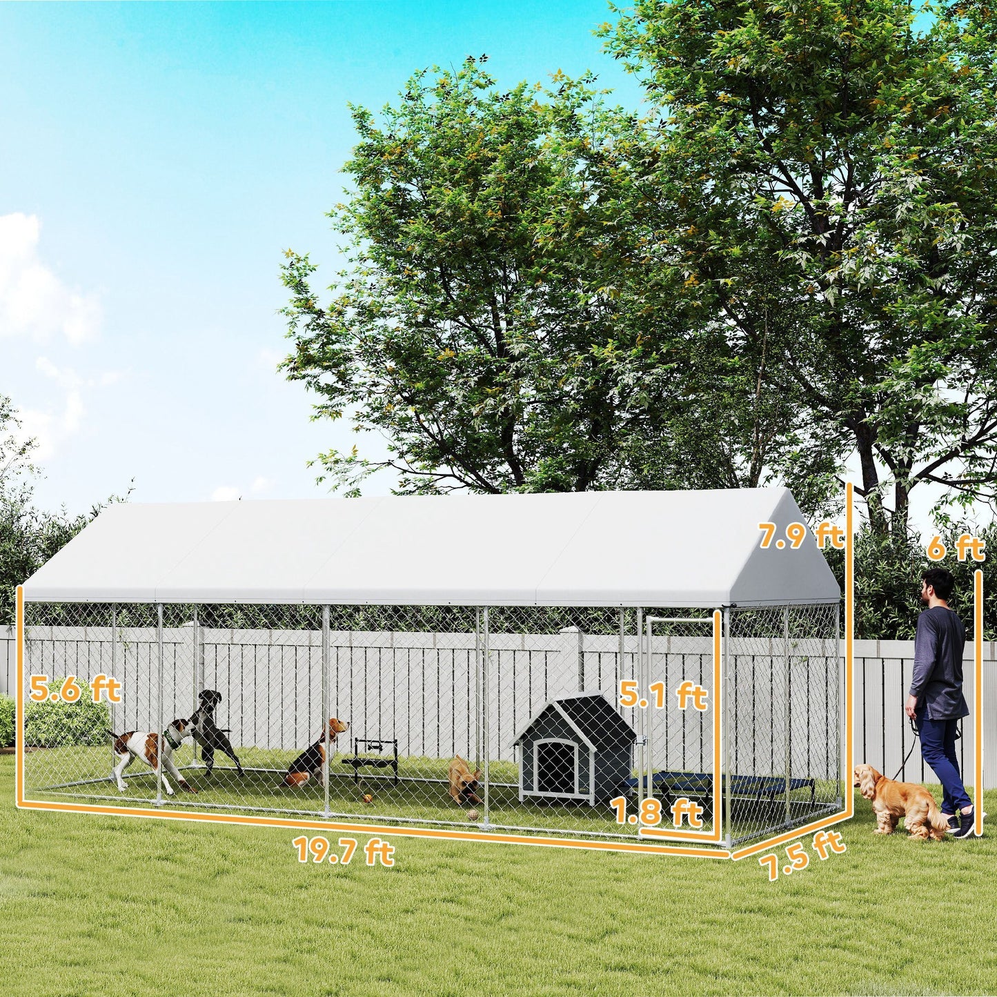 Heavy Duty Outdoor Dog Kennel With Waterproof Roof, Secure Latch, Chain Link Dog Run For Backyard, 19.7 X 7.5 X 7.9