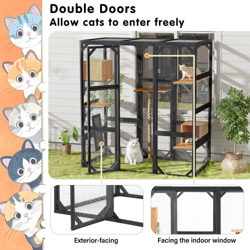 Outdoor Cat House Cat Enclosure, Cat Catio With Double Enter Doors  62.8 L X 32.2 W X68.5 H Balcony Cat Playpen With Platforms And Two Condos For 1-3 Cats  Light Grey