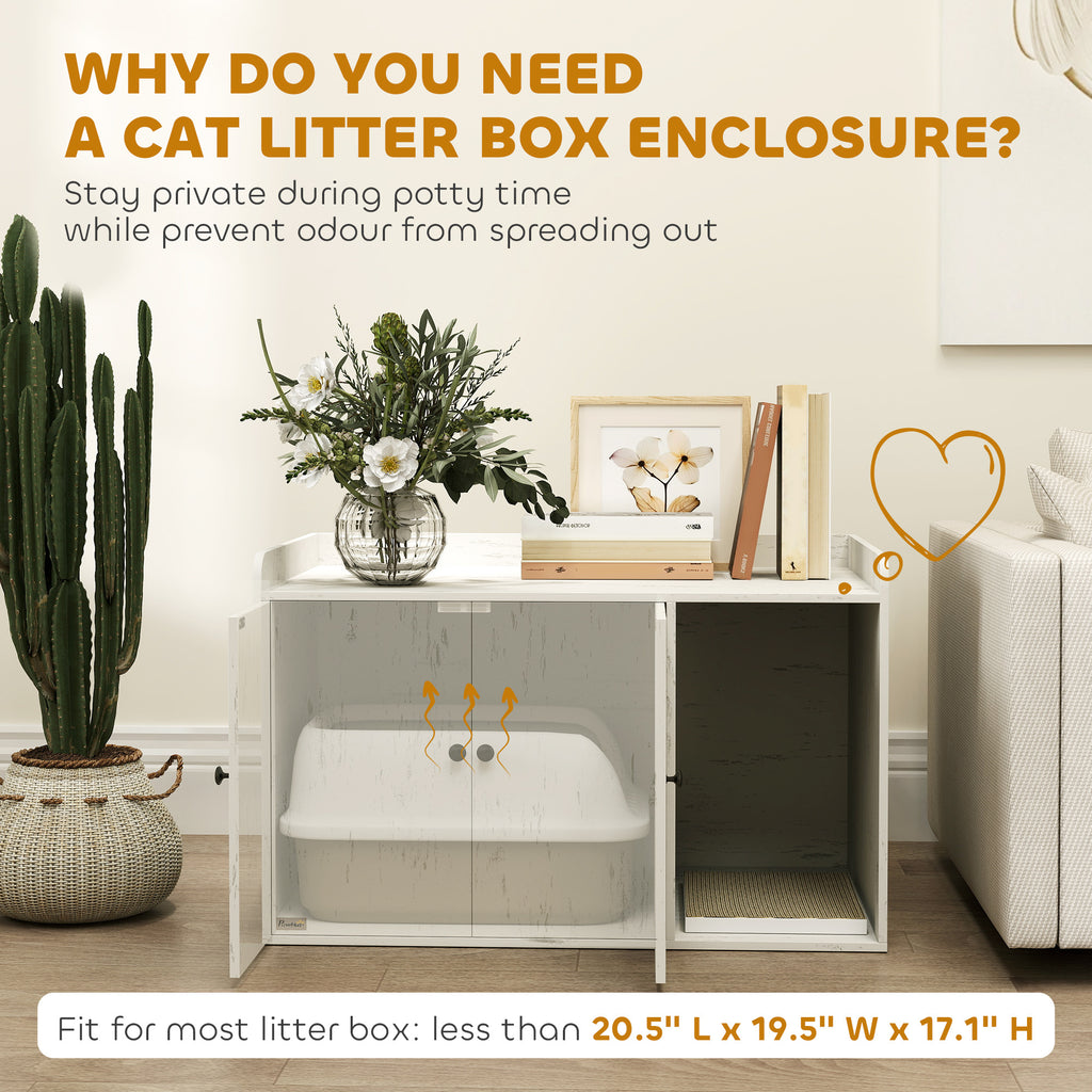 32 Cat Litter Box Enclosure With Scratching Mat, Cat Entrance, Fit Most Of Cat And Litter Box, Distressed White