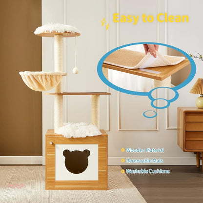 Solid Wood Cat Tree And Tower With Litter Box, Cat Scratching Board And Hammock For Indoor Large Cats