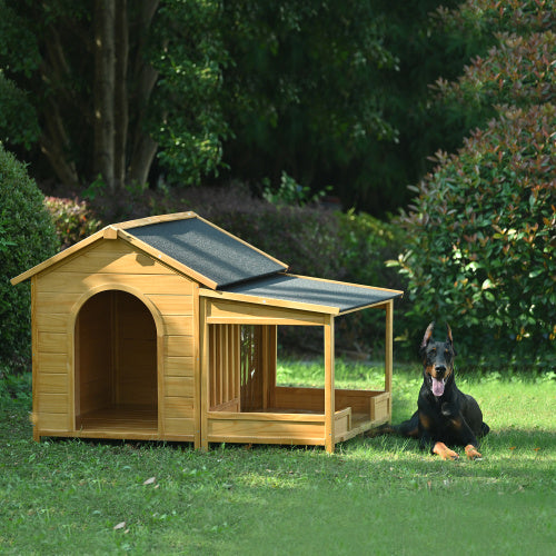 60.2 Large Wooden Dog House With Porch, Cabin Style Dog Crate With Asphalt Roof And Elevated Floor, Dog Kennel With Side Window And Doors, Perfect For Medium & Large Dogs, Nature