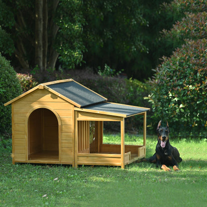 60.2 Large Wooden Dog House With Porch, Cabin Style Dog Crate With Asphalt Roof And Elevated Floor, Dog Kennel With Side Window And Doors, Perfect For Medium & Large Dogs, Nature