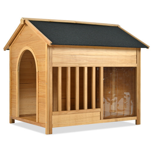 60.2 Large Wooden Dog House With Porch, Cabin Style Dog Crate With Asphalt Roof And Elevated Floor, Dog Kennel With Side Window And Doors, Perfect For Medium & Large Dogs, Nature