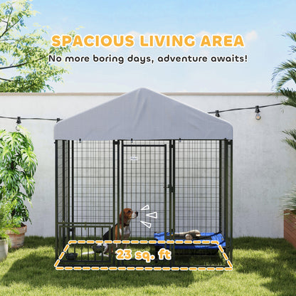 5.9 X 5.9 X 6 Outdoor Dog Kennel With Roof, Rotating & 4-Level Adjustable Bowls