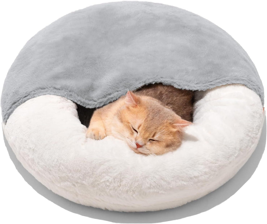 Cat Bed Cave - Washable Pet Bed With Blanket & Non-Slip Base For Cats & Small Dogs 22'' X 22'', White