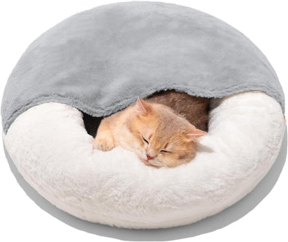 Cat Bed Cave - Washable Pet Bed With Blanket & Non-Slip Base For Cats & Small Dogs 22'' X 22'', White
