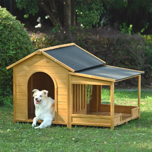 60.2 Large Wooden Dog House With Porch, Cabin Style Dog Crate With Asphalt Roof And Elevated Floor, Dog Kennel With Side Window And Doors, Perfect For Medium & Large Dogs, Nature