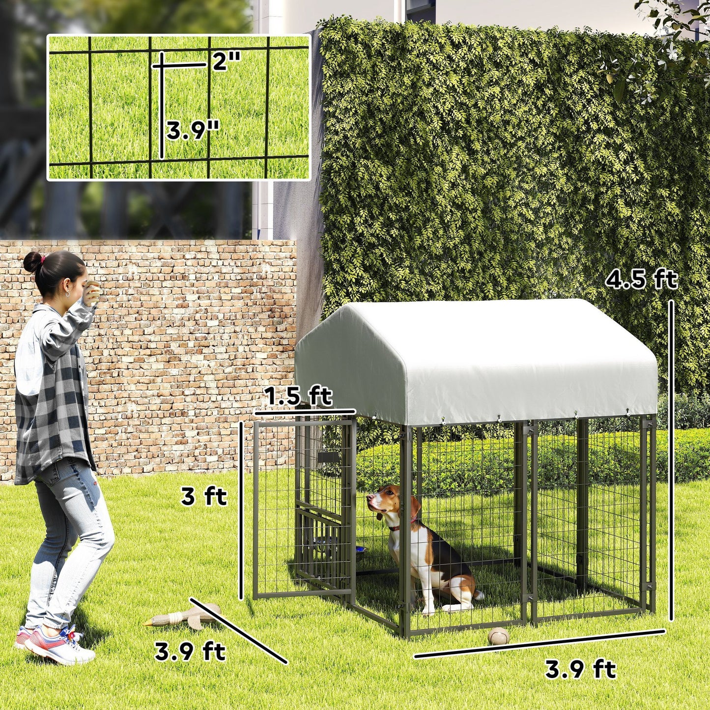Welded Wire Outdoor Dog Kennel With 360 Rotating & 4 Levels Adjustable Bowls, Waterproof Cover, 3.9 X 3.9 X 4.5