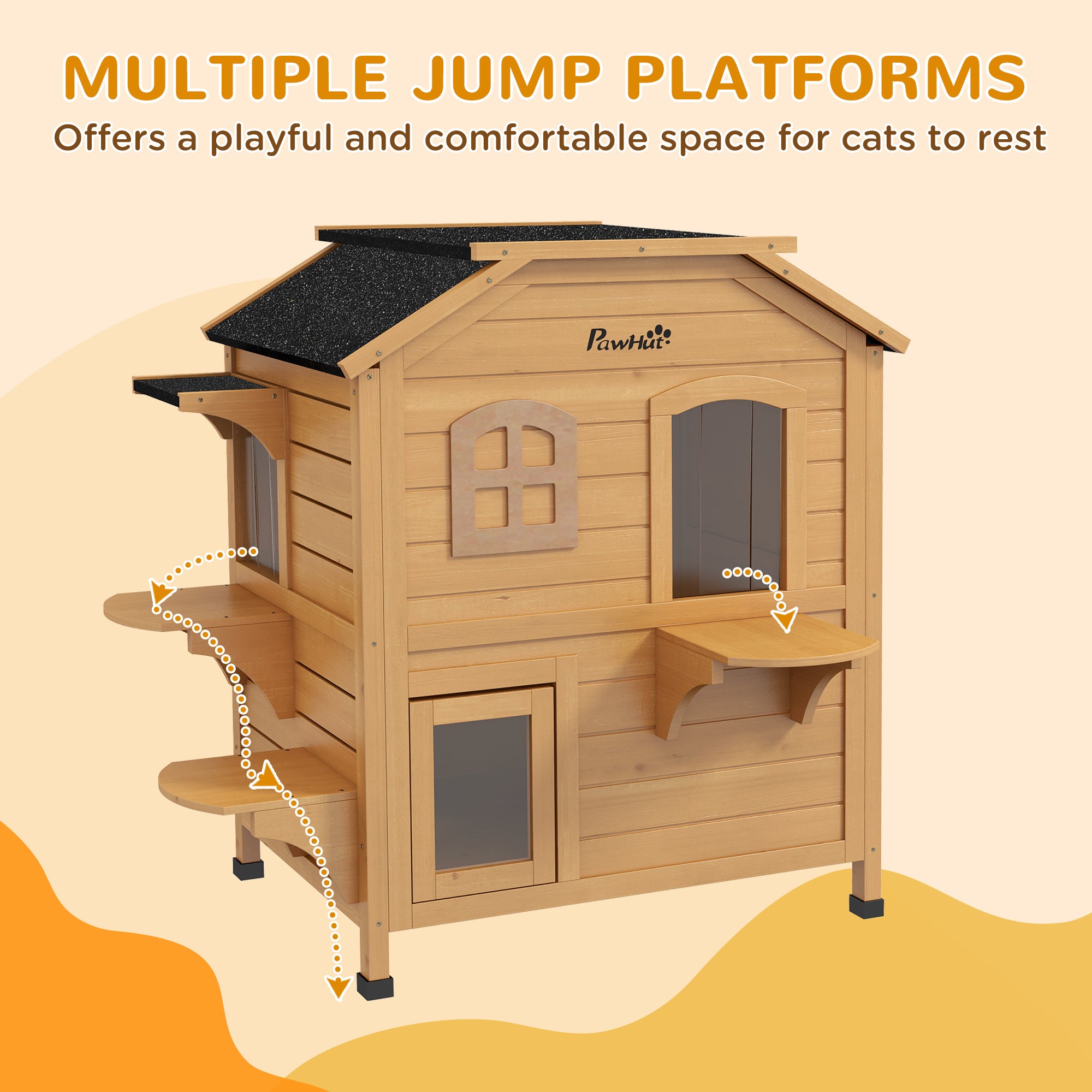 2-Story Wooden Outdoor Cat House Feral Shelter With Escape Door Asphalt Roof 4 Platforms Natural
