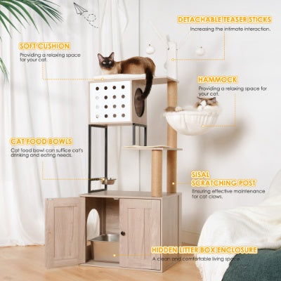 Cat Tree With Litter Box Enclosure - Modern Cat Condo With Scratching Posts, Feeding Bowl  Removable Pompom Sticks, Gray