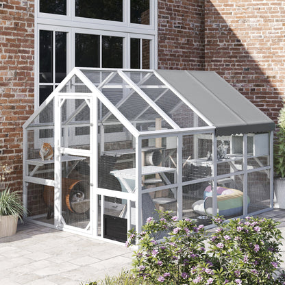 Wooden Catio Outdoor Cat Enclosure With Waterproof Cover, 2 Condos, 6 Platforms, Bridge, Doors, White