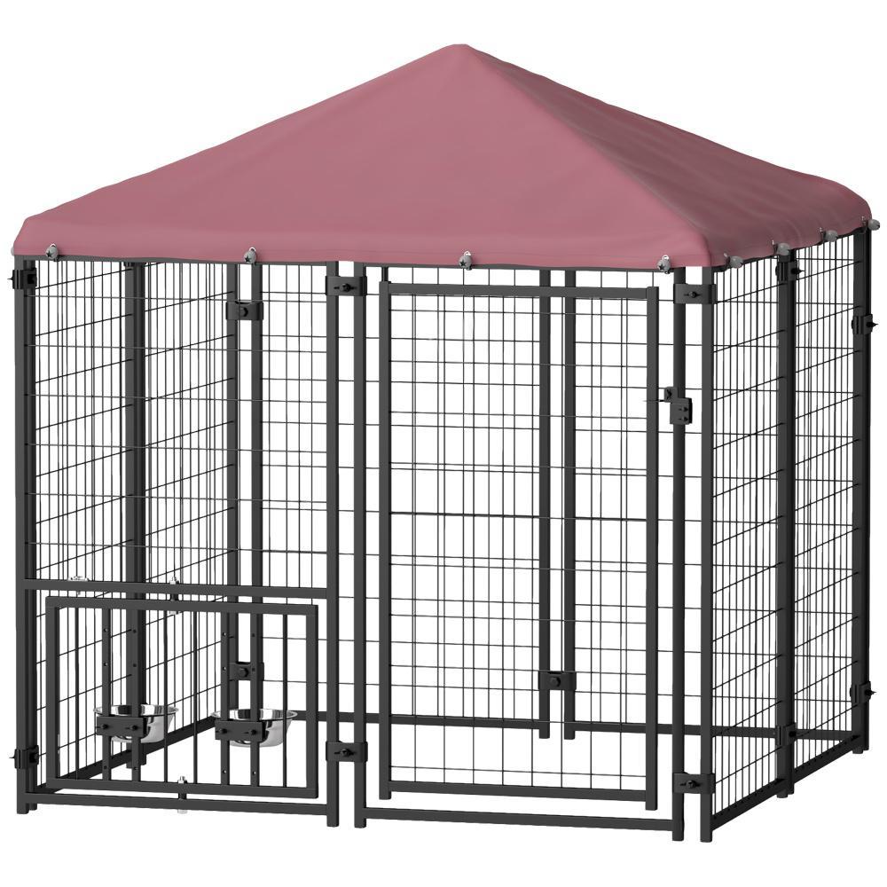 Welded Wire Outdoor Dog Kennel With 360 Rotating & 4 Levels Adjustable Bowls, Waterproof Cover, 4.6 X 4.6 X 5