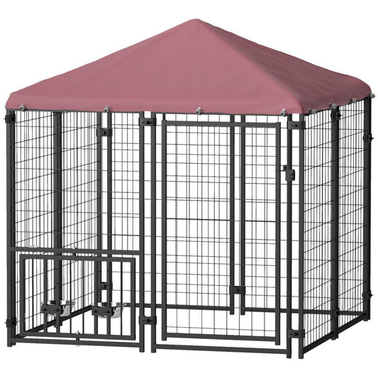 Welded Wire Outdoor Dog Kennel With 360 Rotating & 4 Levels Adjustable Bowls, Waterproof Cover, 4.6 X 4.6 X 5