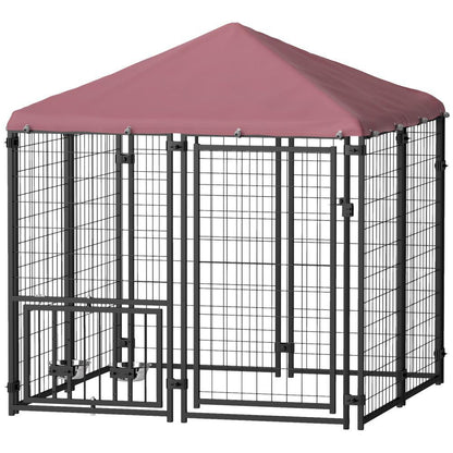 Welded Wire Outdoor Dog Kennel With 360 Rotating & 4 Levels Adjustable Bowls, Waterproof Cover, 4.6 X 4.6 X 5