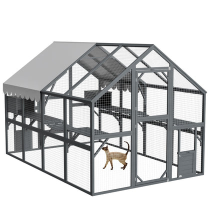 Extra Spacious Catio Outdoor Cat Haven, 110 Inch Luxury Cattery With Weather-Resistant Roof, Cat Climbing Ramp, Space Pod Bed, 2 Lounging Huts