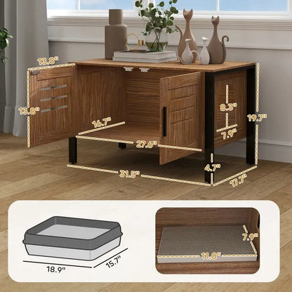 Cat Litter Box Enclosure With Tall Legs, Scratching Board, Dark Brown