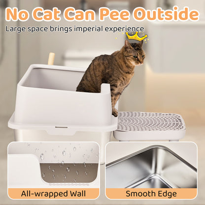 Stainless Steel With Plastic, Buckle Style With Shovel, Foot Pad, White Litter Box