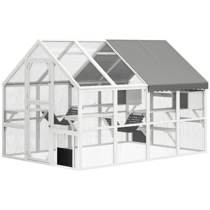 Wooden Catio Outdoor Cat Enclosure With Waterproof Cover, 2 Condos, 6 Platforms, Bridge, Doors, White