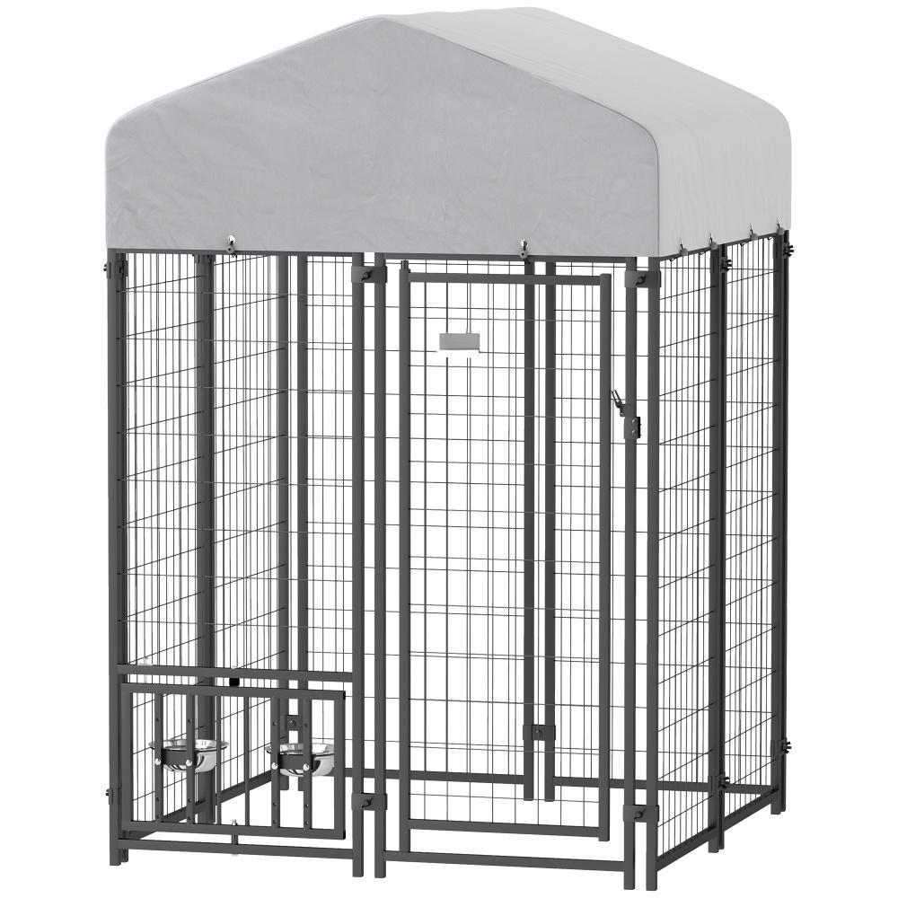 Welded Wire Outdoor Dog Kennel With 360 Rotating & 4 Levels Adjustable Bowls, Waterproof Cover, 3.9 X 3.9 X 6