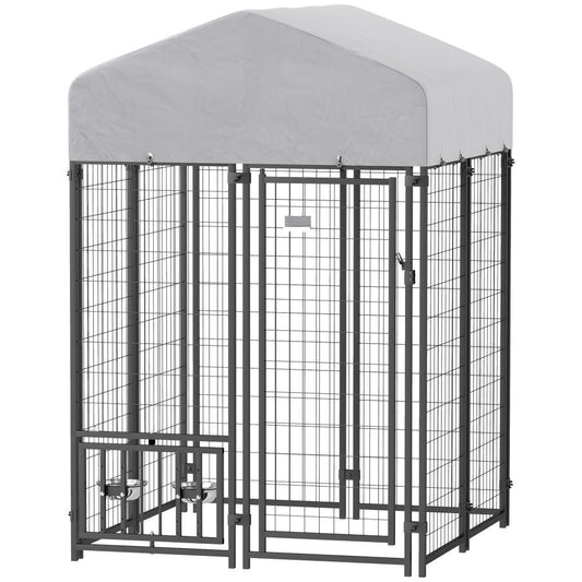 Welded Wire Outdoor Dog Kennel With 360 Rotating & 4 Levels Adjustable Bowls, Waterproof Cover, 3.9 X 3.9 X 6