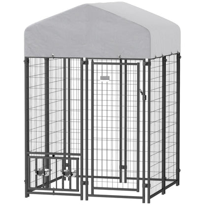 Welded Wire Outdoor Dog Kennel With 360 Rotating & 4 Levels Adjustable Bowls, Waterproof Cover, 3.9 X 3.9 X 6